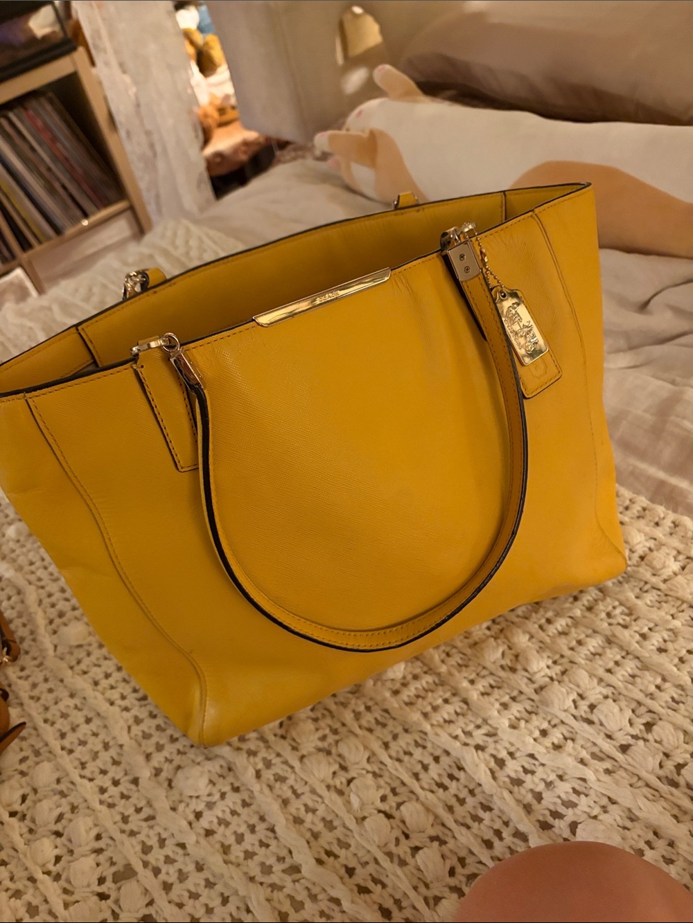 Yellow Leather Tote Bag with Gold Hardware